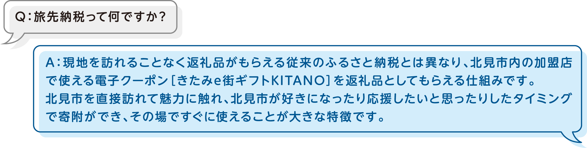 Q：旅先納税って何ですか？A：現地を訪れることなく返礼品がもらえる従来のふるさと納税とは異なり、北見市内の加盟店で使える電子クーポン［きたみe街ギフトKITANO］を返礼品としてもらえる仕組みです。北見市を直接訪れて魅力に触れ、北見市が好きになったり応援したいと思ったりしたタイミングで寄附ができ、その場ですぐに使えることが大きな特徴です。