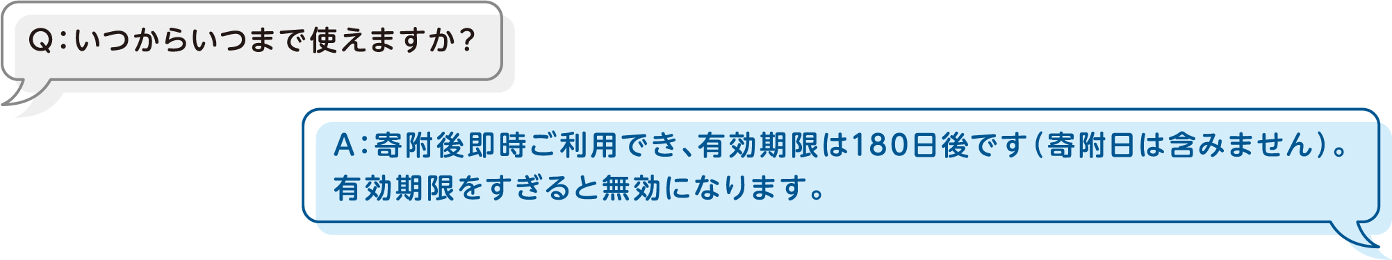 Q：いつからいつまで使えますか？A：寄附後即時ご利用でき、有効期限は180日後です（寄附日は含みません）。有効期限をすぎると無効になります。